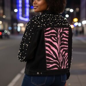 Pearl-Studded Black Jacket with Pink Zebra Print